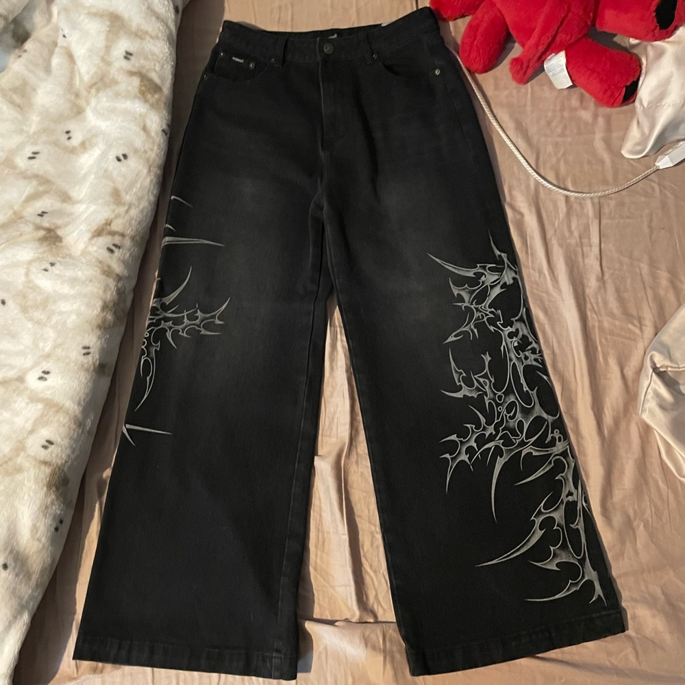 Minga London Black wide leg jeans with cyber sigilism graphic - Picture 2 of 8